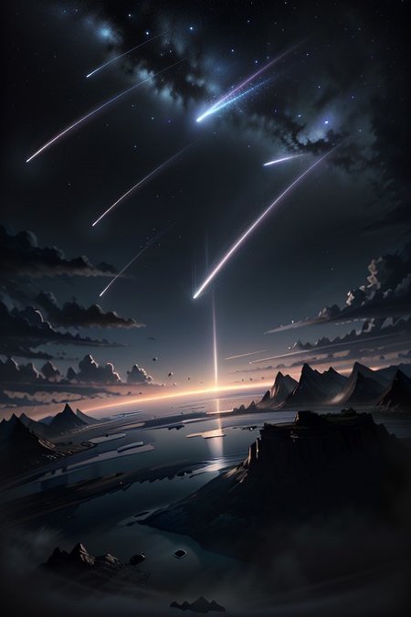 ((meteorite focus)),(The moment the meteorite falls),(extremely detailed CG unity 16k wallpaper, hyper detailed, delicate background, depth of field,ultra high res:1.3), (dark night:1.1),
(stars in the sky:1.2), 
 <lora:meteorshower:0.6> (dense meteor, dense colorful meteor shower,dense shooting stars falling down :1.2),comet,sea,wave,star The moment the meteorite falls,burning,explosion