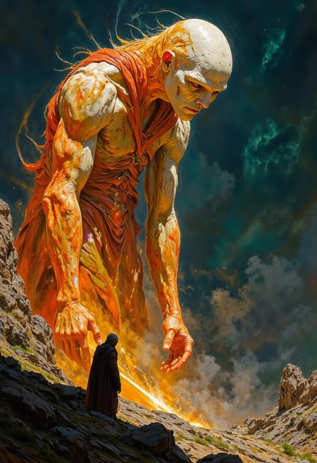 DB4RZ style painting, A frail, Smeagol-like heroine, ugly yet overflowing with surreal power, stands in a desolate landscape, a single light hinting hope; fantastical portrait, glowing eyes, dynamic shadows, in the haunting style of  Brian Froud (elaborate fine details:1.1), (hyperdetailed:1.1), (intricate details:1.0), (Refined details:1.1), (best quality:1.1), (high resolution:1.2), <lora:FLUX\Anime v1.3:0.6> <lora:FLUX\Elden_Ring_-_Yoshitaka_Amano:0.5> <lora:FLUX\RetroAnimeFluxV1:0.4> <lora:FLUX\Comic book V2:0.8> <lora:FLUX\PrismaticPersona:0.7>