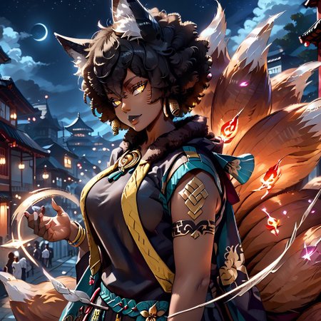 (score_9), score_8_up, score_7_up, 
anime
1girl, full body,
(dark brown skin, beautiful, black hair, curly hair (large round afro: 1.4), (((Kitsune)), Fox ears, ((fox tail)), large tail, (nine tails), (multiple tails), saddle brown tails:1.2, black fur tips: 1.6), (yellow eyes, slit pupils: 1.4), (glowing eyes: 0.8), eyesHD, high definition eyes, teeth with fangs, black claws, 
tattoo, hood, jewelry, bracelet, sleeveless, hoodie, 
(gigantic breasts, round breasts, huge ass, sexy, thick thighs), top heavy, black lipstick, silver jewelry, evil grin, sexy, (black hole in hand), holding black hole, handfixer, 
blue flames
Alleyway, night, event horizon, gravitational lensing