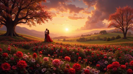 a couple of lovers in the distance  kissing in a lovely garden on Valentine's Day beautiful  landscape, sunset, woman, very intricate, very detailed, sharp, bright, colorful, <lora:Hand v2:0.5> <lora:Anti-Blur:1><lora:Insane Detail Slider:0.25>  <lora:flux.1_lora_flyway_Epic-detail_v2:0.3> <lora:fluxenhancer:0.25>