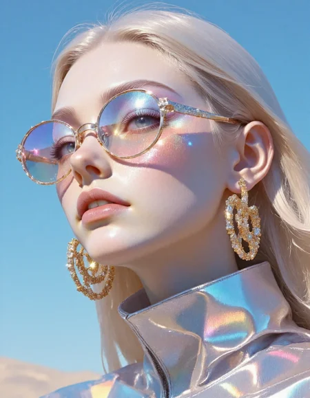 A hyper-detailed, avant-garde photograph featuring a striking europian beautiful supermodel girl with long hair and pale light brown skin against a clear, light blue sky. Her full-face close-up highlights the smooth texture of her flawless complexion. Diamonds sparks on her cheek, adding an artistic touch. Shimmering metallic eyeshadow enhances the depth of her piercing gaze, while her glossy, deep red lips create a bold contrast to her skin. pink sunglasses.
Large, intricately detailed golden earrings shaped like a thin rings reflect light, contributing to her modern allure. She wears metallic urban Buddhist monk clothing, with a turtle neck that enhances her avant-garde look. The reflective surfaces of her earrings and outfit create a dynamic interplay with the environment, emphasizing her sleek presence.
The minimalist background allows the viewer to focus on her eye-catching fashion and makeup. Captured with a Sony A7R IV camera and a 50mm f/1.2 G Master lens for a beauty editorial shoot, this composition highlights her fashion-forward aesthetic. Inspired by avant-garde fashion photography from Sølve Sundsbø, this image blends contemporary fashion and minimalist elegance, embodying mythp0rt and niji_flux styles for a sleek, high-fashion vision. ((glow_skin, iridescent skin, oily skin, portrait)),  xijie-blue, <lora:20:0.8> ,  Jeddtlv3,  <lora:Flux_Detailer_v3:1>  candy colors in the style of ckcf,   <lora:ck-candyFLUX:1>