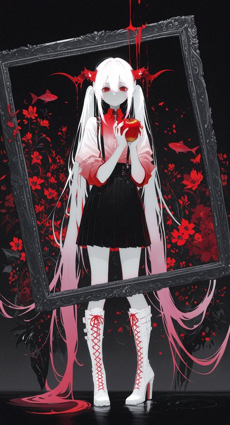 masterpiece, best quality, good quality, very awa, newest, highres, absurdres, 1girl, solo, long hair, looking at viewer, shirt, skirt, red eyes, holding, hair between eyes, very long hair, twintails, standing, full body, white hair, pink hair, flower, multicolored hair, red hair, pleated skirt, boots, horns, food, black skirt, gradient hair, fruit, expressionless, white footwear, holding food, suspenders, knee boots, sleeves rolled up, fish, high heel boots, spot color, cross-laced footwear, apple, suspender skirt, absurdly long hair, lace-up boots, limited palette, alternate hair color, holding fruit, partially colored, picture frame, surreal, red apple, limited palette, h4ra_illu <lora:illustriousXL_stabilizer_v1.23:0.3> <lora:NOOB_vp1_detailer_by_volnovik_v1:0.3> <lora:ponyv6_noobE11_2_adamW-000017:0.3> <lora:114558v4df2fsdf5:0.6> <lora:XXX667:0.4> <lora:mon_monmon2133:0.5> <lora:hara_id_21:0.6>
