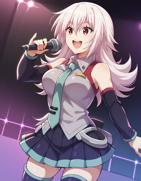 score_9, score_8_up, score_7_up, source_anime, <lora:matsuri-kazamaki-s1-v2-ponyxl-lora-nochekaiser:1>, matsuri kazamaki, long hair, red eyes, pink hair, hair between eyes, sidelocks, large breasts,, <lora:hatsune-miku-cosplay-ponyxl-lora-nochekaiser:1>, hatsunemikucosplay, hatsune miku (cosplay), aqua necktie, black footwear, black skirt, black sleeves, boots, collared shirt, detached sleeves, grey shirt, necktie, pleated skirt, shirt, skirt, sleeveless, sleeveless shirt, thigh boots, tie clip,, stage, stage lightings, singing, microphone, holding microphone, open mouth, smile, , cowboy shot, dutch angle,