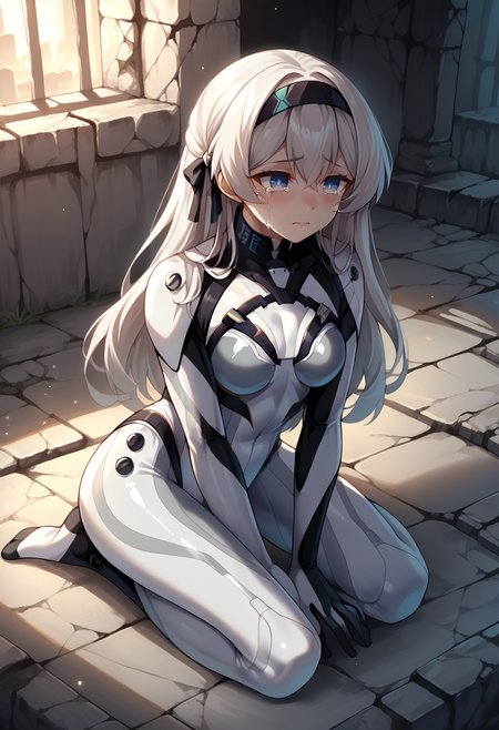 score_9, score_8_up, source_anime, 1girl, solo, FireflyPlugsuit, blue pupils, long hair, black hairband, hair ribbon, plugsuit, white bodysuit, seiza, kneeling, on floors, ruins, crying, <lora:ChamFireflyV2PonyXL:1>