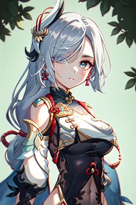 <lora:Shenhe_Hard:1> upper body portrait, masterpiece, best quality, sharp focus, shenhe \(genshin impact\), 1girl, solo, breasts, bodysuit, tassel, gloves, bangs, braid, outdoors, jewelry, earrings, sky, breast curtain, long hair, hair over one eye, covered navel, blue eyes, looking at viewer, hair ornament, large breasts, shoulder cutout, clothing cutout, very long hair, hip vent, braided ponytail, partially fingerless gloves, black bodysuit, tassel earrings, black gloves, gold trim, (white hair:1.2) <lora:LuisapNijijourney_v1:0.6>