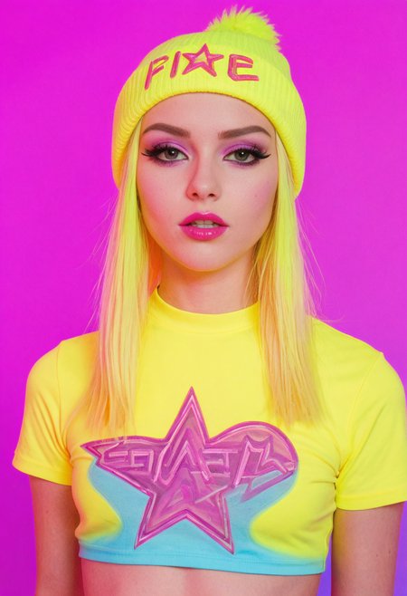 fire, teeth, star (symbol), spoken heart, 
full torso photo of a cute girl, solo, small neon color beads in hair, colorful hair accessories, confident pose, layered neon color streetwear outfit, (crop top tshirt:1.2), neon color hairstyle, high-fashion portrait, avant-garde look, 1girl, very pale skin, platinum blonde hair, asymmetrical haircut, dramatic bangs obscuring eyes, edgy beauty, slender petite build, long straight (neon color hair), black eyeliner, heavy mascara, bold neon color lips, (neon color beanie), mysterious aesthetic, 
fashion editorial lighting, vibrant tone lighting, fashion photography style, edgy aesthetic, modern alt look, high detail, cinematic sharpness, 
solid neon color background,
high detail, high resolution, high-resolution fashion editorial, expressive lighting, vibrant colors, creative composition
 <lora:dmd2-sdxl-4step:1> <lora:sm0k-000006:1> <lora:neoncolors2:0.6>