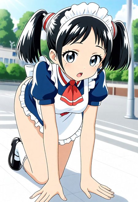 <lora:Hyper-SDXL-8steps-lora:1><lora:Fixhands_anime_bdsqlsz_V1:1> zPDXL2, score_9, score_8_up, score_7_up, source_anime, intricate details, perfect anatomy BREAK
1girl, skinny, mar-kthroboco, bob cut, grey eyes, mar-kthroboco outfit,
black hair, short twintails, maid headdress,red neckerchief, maid, maid apron, white socks, black shoes,
dutch angle, all fours, Neutral, A relaxed facial expression with a slightly open mouth.,
outdoors, city, tokyo, japan,
<lora:mar-roboco-dx_XL(pony)v10:0.9>