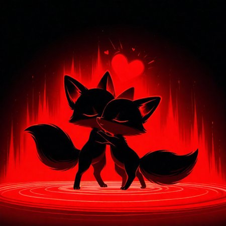 masterpiece, best quality, good quality, very awa, very aesthetic, absurdres, newest, 
BREAK, two feral foxes, cute female foxes, duo, glowing red heart, cute, adorable, fluffy fox tail, noes to noes, noes kiss, 
BREAK, abstract background, dark red background, pink background, haiz_ai, no lineart, no outline, mad-nksktch