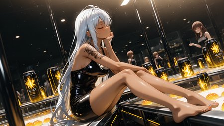 barefoot, very aesthetic, medium breasts, glowing elements, tray return conveyor belt starts moving on its own., motion_blur:1.1, miniature world, cute slime, masterpiece, ray_tracing, depth of field, HDR, 1girl, Yui Kanakura (Nisekoi), best quality, anime character, ambient occlusion, 8K, sagging breasts, Food court seating area, hand_under_chin, angel, Pin-straight, long hair, blurry foreground, sadness, covered in tattoos, Eyes closed (Can imply serenity, tan skin, absurdres, empty tables, Sunny/Clear, closed stalls, group, ultra-detailed, motion_lines:1.1, pleasure), newest, Dynamic angle, Vibrant Theme, absolutely eye-catching, amazing quality, sitting, Dragon Knight, nail_polish, Little black dress with side cutouts and a low back., Silver hair, slime_(creature), pain