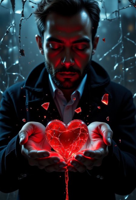 A man cradles a shattered gem heart in his hands, its vibrant red glow casting an eerie light. Red oil drips through his fingers as he gazes down at it forlornly. The scene is set against a backdrop of broken glass, each shard reflecting the turmoil of the moment in the VibrantlySharp style