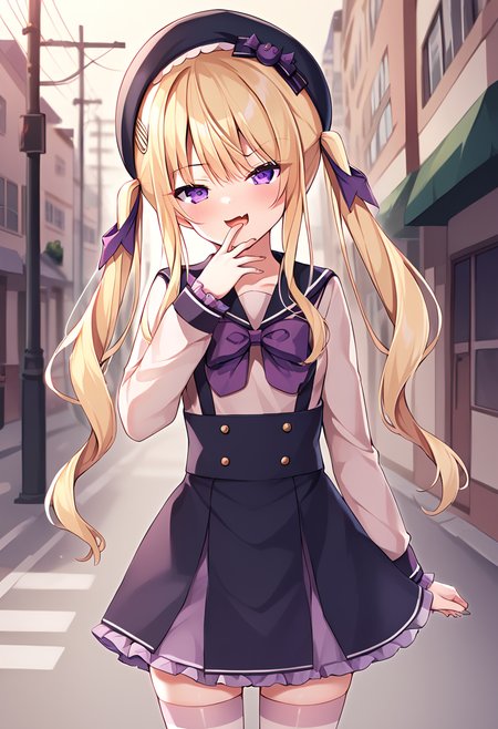 aria_tsukushi, long hair, blonde hair, twintails, purple eyes, small breasts, serafuku, sailor collar, high-waist skirt, purple bow, beret, stripped thighhighs, BREAK outdoors,city street, night BREAK sexy pose, looking at viewer, smug, mesugaki, open mouth, hand near mouth,  cowboy shot, dynamic pose, BREAK score_9, score_8_up, score_7_up, source_anime ,zPDXL, perfect hand,  <lora:Aria:0.8>,