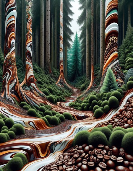 ((best quality)), ((masterpiece)), ((realistic,digital art)), (hyper detailed),DonMC0ff33Ch0c, Forest, organic, irregular shapes , <lora:DonMC0ff33Ch0c_XL-000009:1.0>