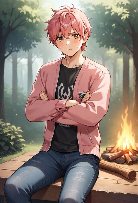 score_9, score_8_up, score_7_up, source_anime, official artstyle, by Ichan01, 1boy, male focus, solo, medium hair, bangs, pink,hair brown eyes, shy, black and pink jacket, black t-shirt, black jeans, sitting, cowboy shot, crossed arms, forests, campfire, outoors, detailed face