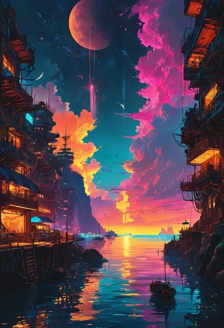 top- down, fantastical and surreal scene, the image is splitted in two strips,
in the upper strip there is an upside-down cyberpunk neon city at night illuminated by a crescent moon and twinkling stars,
in the bottom strip there is a medievil pirate cove with ships in a bay winding through a high cliffs at sunset,
the horizon between the two strips is the fusion of sky and sea,
mystical touch, dreamlike and otherworldly atmosphere, sense of adventure and wonder, view from above, 
(score_9, score_8_up:1.1), score_7_up, a fine color ink lineart sketch, (reflective volumetric), raytracing, absurdres, dark, low-key