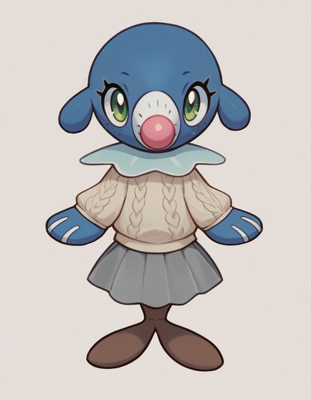 score_9, score_8_up, score_7_up, score_6_up, score_5_up, score_4_up, 1girl, full body, solo,
(purple cable knit sweater), (brown socks), (grey skirt), <lora:Popplio v1:0.8> popplio, blue fur, white snout, pink nose, droopy ears, whisker markings, blue collar, frilled collar, pokemon \(creature\), (seal \(animal\):1.2), green eyes, eyelashes, pinniped, flippers, freckles