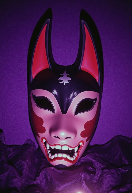 ArsMovieStill, movie still from a 1970s horror movie Studio cursed kitsune mask in a Japanese grave shrine purple miasma