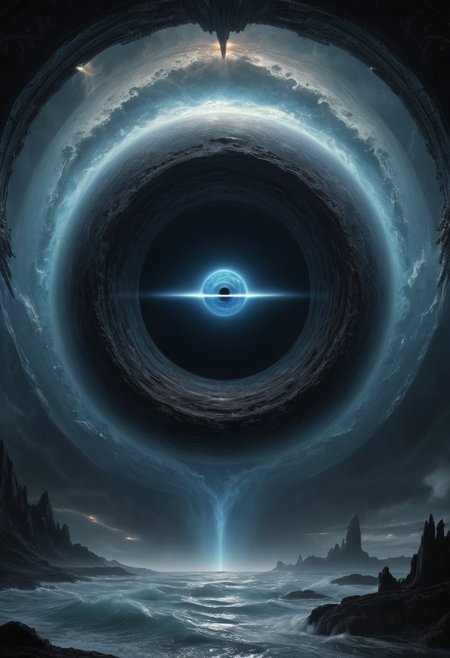 Subject: super massive black hole, portrayed as a majestic backdrop to a colossal space monster emerging from a wormhole, highlighting the planet's grandeur and mystery.' Style: A fusion of gothic sci-fi and Baroque, drawing influences from Beksinski and Caravaggio, focusing on the ethereal and vast expanse of space surrounding Neptune.' Focus: The composition emphasizes Neptune's vastness, using fractal patterns and cosmic colors to depict its swirling storms and deep blue hues, setting a mysterious and grand scene.' Details: Neptune is detailed in 8K UHD, capturing its dynamic atmosphere and the eerie glow of its storms, serving as a powerful backdrop to the space monster with spiky ridges and glowing eyes.' Composition: Neptune dominates the scene, with the monster emerging from the wormhole in a dramatic, symmetrical composition, combining futuristic technology with artistic beauty in a photorealistic style.' Aesthetic: The scene combines the depth of   <lora:add-detail-xl:1>