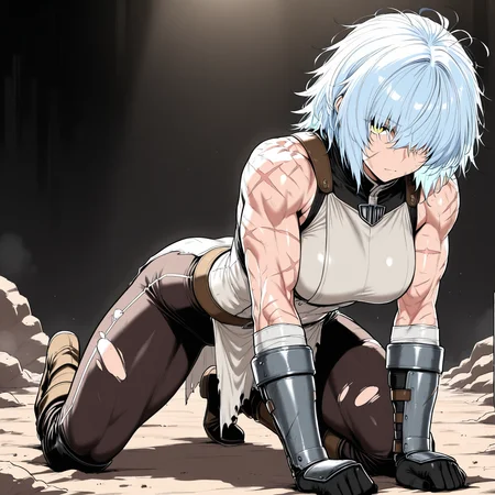 (masterpiece, best quality, ultra-detailed:1.4),
solo,1girl, (light blue hair:1.3), short messy hair, bangs,
(yellow eyes:1.5), (battle-worn expression:1.3), (scar over one eye:1.5), (intimidating aura:1.3),
(hair covering one eye:1.5), (bangs covering left eye:1.4), (left eye obscured by hair:1.4), (hair over eye:1.3),
(battle-hardened:1.4), (war veteran:1.3), (many scars:1.3), (visible wounds:1.2), (weathered face:1.2), (dirt and grime:1.2),
(toned arms:0.6), (muscle tension visible:0.3), (slim but athletic build:1.1), (strong female warrior:1.1),
(full body:1.3)à¸¡
(dynamic lighting:1.3), (gritty, rough textures:1.2), light armor, medieval cloth,
looking at viewer, (hair slightly messy:1.2),
fullbody, (torn and worn-out fighter outfit:1.2),
 <lora:VioletV2:1>