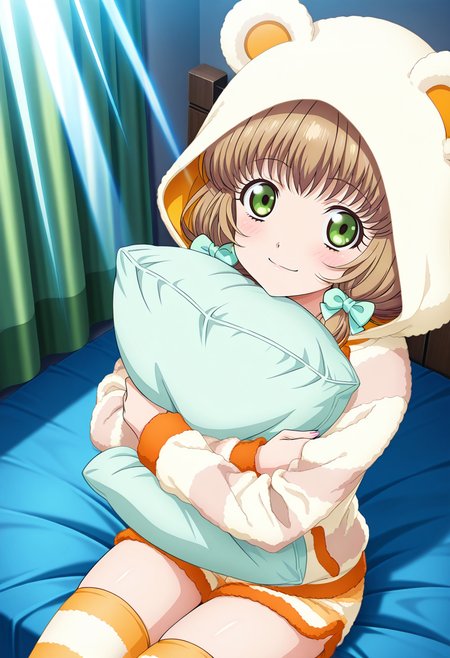indoor, sitting on bed, god rays,
BREAK,
light smile, blush, hugging pillow, 
cowboy shot, from above,
dynamic angle,
BREAK,
<lora:leiax2_illustriousXL_v01:0.9>
leiarnd, leiapjm, brown hair, green eyes, short hair, tied sidelocks,
pajamas, thighhighs, striped clothing, fluffy clothing, hoodie, hood up, animal hoodie, short shorts, 
stripped legwear, stripped thighhighs,, source_anime, very aesthetic, anime coloring, masterpiece, 
best quality, amazing quality, ultra detailed, very aesthetic, 
detailed background, 
BREAK,