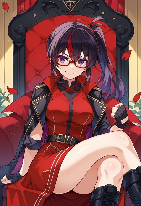 <lora:Misaki-Kurehito-Style-PonyXL:1>, score_9, score_7_up, source_anime, BREAK falling petals, throne room, sitting, crossed legs,, smug smile, 1girl, purple eyes, red-framed eyewear, black hair, red colored tips, red streaked hair, very long hair, side ponytail, tied hair, medium breasts, red colored tips, jacket on shoulders, red dress, sleeves rolled up, fingerless gloves, holster, belt, multiple belts, combat boots, pants under dress, black coat,