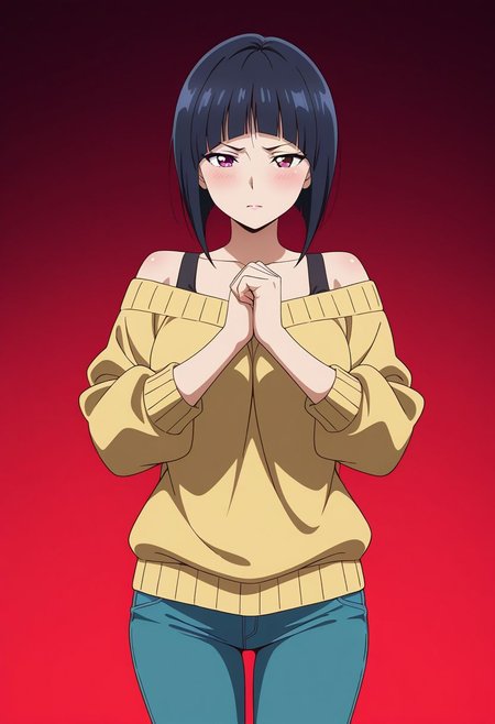 masterpiece, best quality, amazing quality, anime coloring, anime screencap, 1girl, mature female, inverted bob, black hair, blunt bangs, cowboy shot,  BREAK  simple background,  dynamic pose gradient background,  red  background  off-shoulder sweater,     fist in hand,