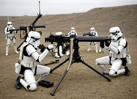 a vkrsmmg medium machine gun weapon is assembled by a group of storm troopers
 <lora:Vickers_Medium_Machine_Gun_SDXL:0.8>
