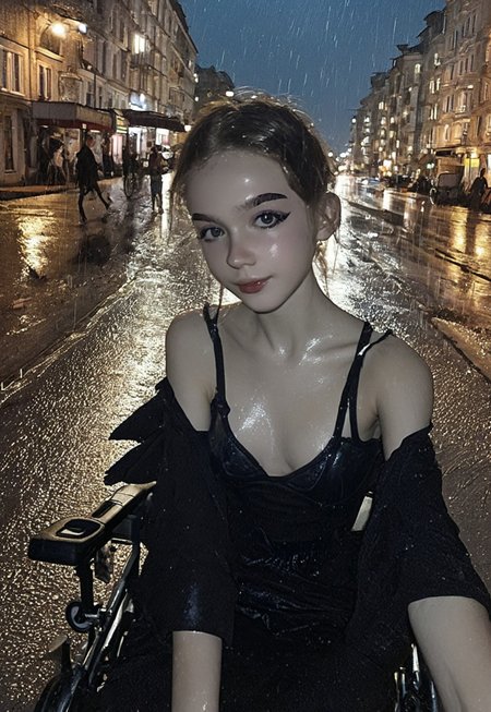 safe_pos, score_9, score_8_up, score_7_up, score_6_up, hyper-realistic, highest quality, masterpiece, ((bold black eyeliner, (eyeliner), cateye flicks)) looking at the viewer, late night, sexy face, rsgrl, russian girl, cute russian girl, (quadriplegic, tetraplegic, sitting in wheelchair, powered wheelchair, paralyzed, paraplegic:1.5), solo, skimpy black dress, saggy breasts, medium natural breasts spilling out, pale skin, white, baked foundation, skinny, hip bones, rib cage, very slender, petite, gorgeous, stunning, perfect anatomy, russian town, russian night street, USSR Vibes, Russian Apartments, buildings, road, rainy, outside, (shiny skin:1.3), (young woman:2), (selfie:1.4), from below