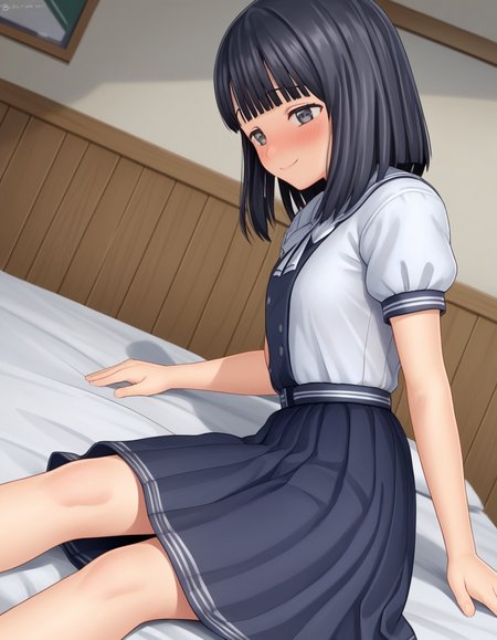 score_9, score_8_up, score_7_up, source_anime, <lora:rinze-himenogi-ingame-ponyxl-lora-nochekaiser:1>, rinze himenogi, bangs, black hair, blunt bangs, black eyes, 3d, skirt, dress, school uniform, short sleeves, puffy sleeves, black dress,, indoors, bed, bed room, on side, blush, drunk,, , , smile, solo,, dutch angle,