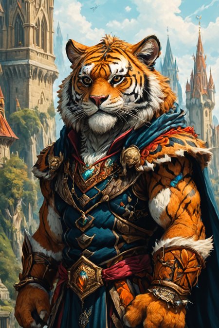 Detailed digital portrait of an anthro Tiger at a Towering spires of a wizard's academy, <lora:xl_more_art-full_v1:0.5>,  <lora:The_Crazy_Style:0.7> <lora:anthro_muscular:0.7>