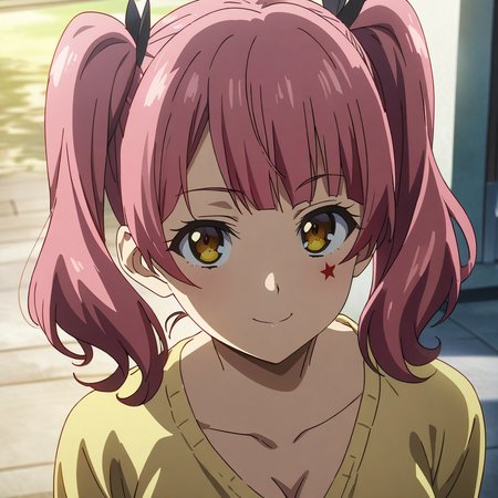 fujinoki_nene, pink hair, brown eyes, large breasts, twintails, red star mark below eye, inner white shirt, yellow sweater, portrait, cleavage, seductive smile, looking at viewer, anime coloring, <lora:XL-FujinokiNene:1>, (masterpiece),(best quality),(ultra-detailed),(best illustration),(best shadow),(absurdres),(detailed background),(very aesthetic),