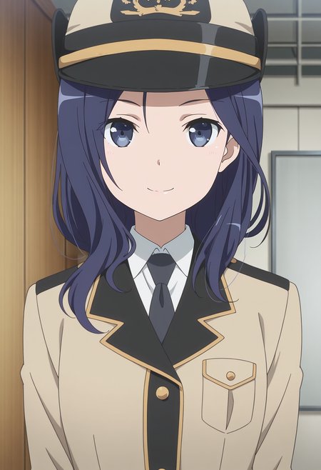 1girl,solo,Kaoru Furushou,long hair,blue hair,blue eyes,anime coloring,
uniform,military uniform,shirt,jacket,necktie,military hat,upper body, looking at viewer, smile,indoors
,masterpiece,best quality,amazing quality,<lora:Kaoru_Furushou-Highschool_Fleet:0.8>