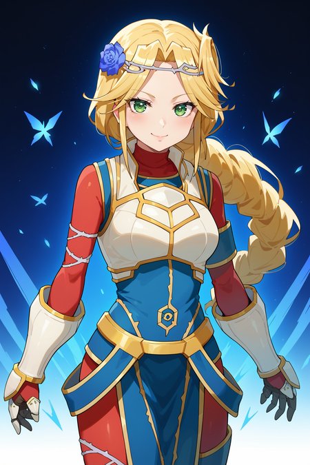 score_9, score_8_up, score_7_up, source anime, prefect lighting, very aesthetic, BREAK, 
<lora:lakyus_overlord_v1-pdv6:0.9>, 1girl, lakyus alvein dale aindra, overlord \(maruyama\), blonde hair, green eyes,
lakyusout1, braid, blue flower, hair flower, hair ornament, armor, gloves, gauntlets, white footwear, boots,
BREAK, blush, light smile, looking at viewer, cowboy shot, 
BREAK,