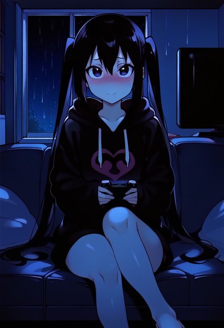 score_9, score_7_up BREAK 1girl, azusa nakano, black hair, twintails, simple eyes, black eyes, black hoodie, loose hoodie, oversized hoodie, long sleeves, sleeves over hands, television, tv, tv light, perfect legs, full face blush, barefoot, indoors, night, couch, sitting on couch, nervous smile, looking at viewer, raining outside, rain on window, apartment, legs crossed