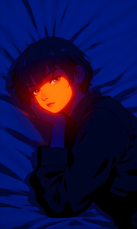 A woman lying on their side, partially visible in the frame. The individual appears to be wearing dark clothing and has short hair. Their face is illuminated by a bright orange light, which creates a stark contrast against the predominantly blue background.
The facial expression of the subject is not clearly discernible due to the angle and lighting. However, the bright orange light shining directly on their face gives an intense and dramatic effect, possibly suggesting a sense of focus or intensity.
The person is lying on their side with their head resting on one hand. The other hand is placed near their chest, and their body is slightly curled. This pose suggests a relaxed yet contemplative state.
The subject is dressed in dark clothing, which blends into the blue background. The lack of distinct details in the clothing makes it difficult to identify specific styles or patterns.
The camera is positioned above the subject, looking down at an angle. This perspective captures the subject's profile and emphasizes the interplay of light and shadow on their face and body. The framing focuses closely on the upper part of the body, particularly the face and hands.
The image features a strong contrast between the bright orange light and the deep blue background. The orange light is directed towards the subject's face, creating sharp shadows and highlighting the contours of their features. The rest of the scene is bathed in a cool blue light, which adds to the overall mood and atmosphere.
The background is a uniform blue color, with no distinct features or objects. The simplicity of the background ensures that the viewer's attention remains focused on the subject and the dramatic lighting.
The composition is centered around the subject's face and upper body, with the bright orange light drawing immediate attention. The diagonal lines created by the light beams add a dynamic element to the image, leading the viewer's eye across the frame. The contrast between the warm orange and cool blue tones creates a visually striking and balanced composition.
BREAK j_art, anime, anime art, <lora:FLUX\RetroAnimeS1.1:0.1>, <lora:FLUX\GLSHS:0.1>, <lora:FLUX\Dieselpunk Delight - s0_9 g4:0.1>, <lora:FLUX\Anime Art V3:0.1>, <lora:FLUX\jul\J_Anime:1.0>