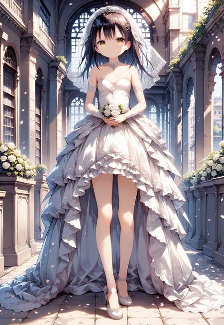 score_9, score_8_up, score_7_up, 1girl,FujisakaLP,high definition eyes, (masterpiece), (best quality), (ultra detailed),(disheveled hair),(illustration), (best shadow), detail1eye, A girl, dressed in a wedding dress, white wedding dress, full body drawing, slim, long legs