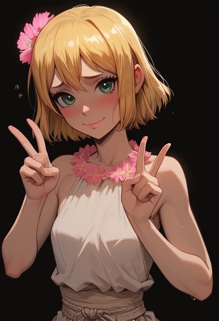 score_9, score_8_up, score_7_up, score_6_up, expressiveh, <lora:princess_xl_v1:0.3> <lora:Expressive_H:0.65> <lora:g0th1cPXL:0.45> , 1boy, femboy solo, Ginro (Dr. Stone) ,  Ginro female disguise, bob hair, green eyes, cute face, flowers in hair, flower necklace, V-gesture, nervous smile, cold sweat, cute dress, feminine body proportions, slim, small waist, extra small breasts,  shy,  black background,