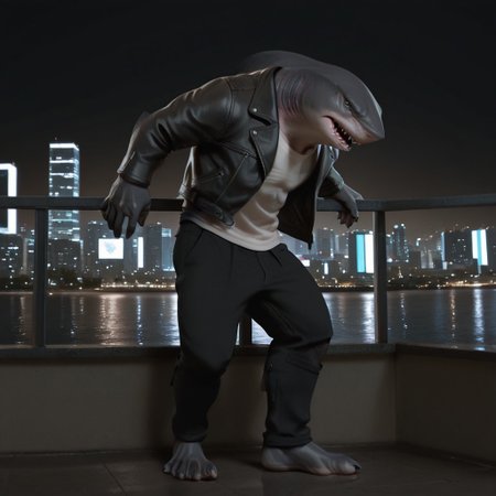 masterpiece, best quality, amazing quality, kingsharkfil, anthro, male, shark-boy, grey skin, black eyes, white shirt, leather jacket, black pants, full body, city, solo, barefoot , looking at viewer