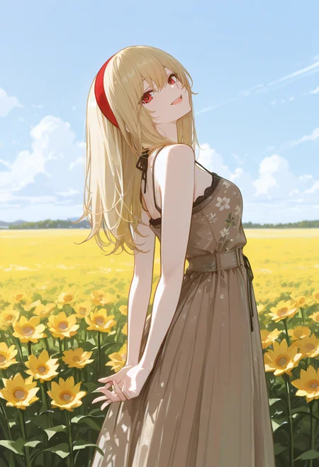 1girl, solo, anime coloring, anime artwork, unholy-aesthetic, masterpiece, best quality, newest, absurdres, highres, safe, CG, cinematic lighting, natural shadow, highest detail, detailed background, intricate scenery, depth of field, insane details, intricate, subsurface scattering, very aesthetic, serene atmosphere, artistic rendering, dramatic contrast, luminous elements, soft painterly texture, striking visual design, finely detailed face, beautiful face, CG, anime, source anime, illustration, high resolution, ultra-detailed, rule of thirds, masterpiece-level,
safe, sfw, intricate scenery, (looking at viewer:1.5),
day, blue sky, clouds, from side,
flower field, arms behind back, looking back,
<lora:kaelaIL:0.45> kaelaIL, long hair, medium breasts, red eyes, tsurime, (blonde hair:1.5), red hairband, happy smile, open mouth,
<lora:Mocha_Petal_Dress:1> Mocha_Petal_Dress, dress, bare shoulders, sleeveless, bare arms, floral print, spaghetti strap, brown dress, long dress,
<lora:add-detail-xl:1>,
<lora:748cm_illu:0.85> 7481llu,
<lora:USNR_STYLE_ILL_V1_lokr3:0.85> usnr