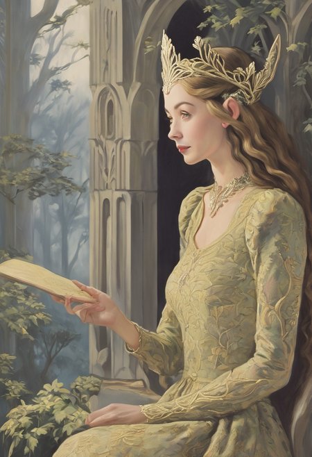 detailxl, easynegative, style of Dorothy Draper, The Lord of the Rings style, BREAK, (((solo))), ((1female)), (((/galadriel/))), (((elf))), (((long hair))), (((tiara))), (((blonde hair))), long green robe, long white dress, BREAK, forest