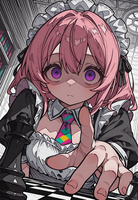 dutch angle, two-finger, upper body, perspective, chess piece, reaching, abstract chess piece, expressionless, solo, looking ahead, CivChan, purple eyes, pink hair, yandere, headdress,
7A3IFRHPR_illu, ligne claire,
monochrome, greyscale, partially colored, colorful_necktie, colorful_eyes, tareme,
[greyscale background, unmoving pattern], library, domed ceiling,
masterpiece, absurdres, newest, [dynamic pose]