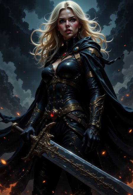 DGC style digital illustration, Magic style,
Close-up. The image is a digital art piece that appears to be a fantasy or sci-fi scene. It features a woman with long blonde hair, wearing a black outfit with intricate details and a cape draped over her shoulders. She is holding a large sword with a golden hilt and a red and gold emblem on the handle. The woman is standing in front of a dark and stormy background, with smoke and flames surrounding her. She has a fierce expression on her face and is looking off into the distance. The overall mood of the image is intense and powerful.