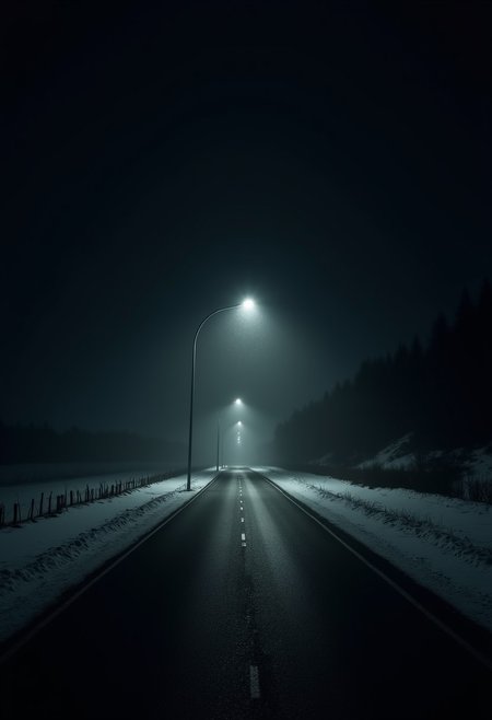 a backroom concept view of a infinite road in the dark straight forward to the horizon fading away in the darkness. 
the sides of the road are empty black void.
1 unique street lights at a distance revealing falling snow. 
the sky is perfectly black, complete darkness.
Strange feeling of nightmare.