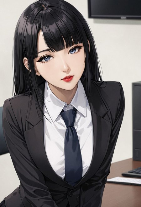 embedding:urn:air:sd1:embedding:civitai:222256@250708, (anime, masterpiece, intricate:1.3), (best quality, hires textures, high detail:1.2), (4k),(incredibly detailed:1.4), perfect anatomy, slim, pointed nose, (nostrils:1.3), long hair, blue eyes, black hair, bangs, blunt bangs,  mole under mouth, nyotengu, full body, medium breasts, office lady, eyeliner, red lipstick, charming look, languid look, mole near mouth, tie, half-closed eyelids, villainess, eye shadow