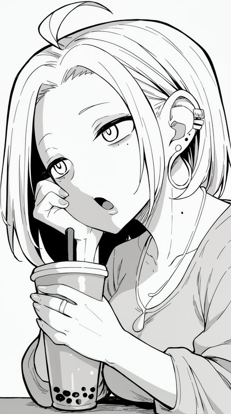 score_9, score_8_up, score_7_up, monochrome, manga_source, best background, detailed background, manga, greyscale, monochrome  Misaki Agawa, solo, open mouth, shirt, white background, holding, necklace, piercing, head rest, drinking , bubble tea,  <lora:JN_Misaki_Agawa_Pony:0.8>