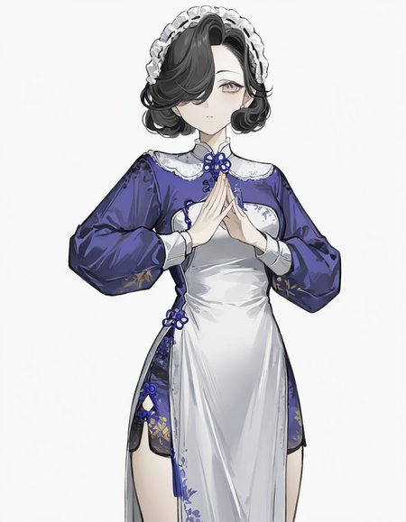 tuesday,1girl,solo,looking at viewer,simple background,white background,cowboy shot,own hands together,<lora:lanshoupa-000012:0.9>,alternate costume,china_dress,, masterpiece, best quality, very aesthetic, absurdres,newest, incredibly absurdres,