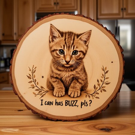 <lora:Pyrography_FLUX-000027:1> Pyrography , cute kitten design, highly detailed,  " I can has BUZZ, pls?"  wood burned, spelled out at the bottom,  close -up, highly detailed,  stained  dark red, round piece of  tree trunk being displayed on a knotted wooden countertop in a rustic lodge