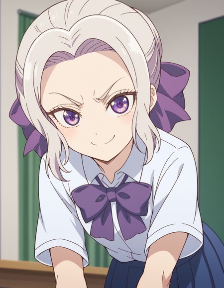 score_9, score_8_up, score_7_up, source_anime, <lora:shino-kiryuu-s2-ponyxl-lora-nochekaiser:1>, shino kiryuu, purple eyes, white hair, hair bow, purple ribbon,, skirt, shirt, bow, school uniform, white shirt, short sleeves, pleated skirt, bowtie, blue skirt,, indoors, bent over, smile, smug, looking at viewer, solo,, cowboy shot, dutch angle