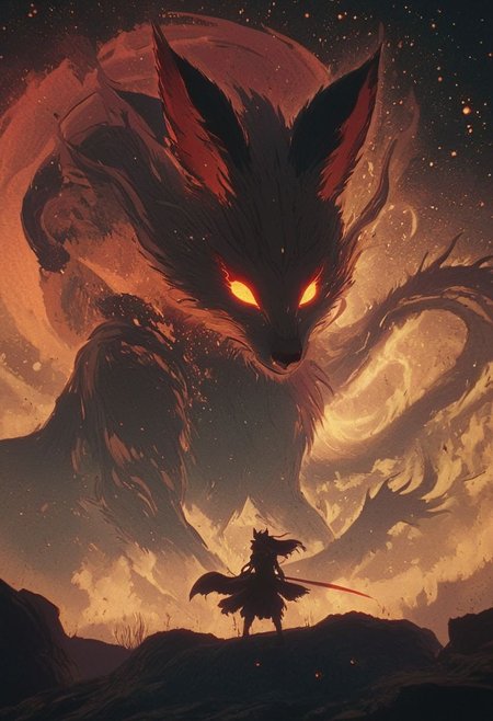 Bosstyle, Silhouette of a Woman fighting a giant DARK mononoke Monster Boss resembling a ethereal fox with seven tails: Capture the essence of nostalgia and color in this vintage photograph. Dominating the scene is a meticulously detailed, translucent dark-red Blood filled firefox, adorned with vibrant patterns, blending seamlessly with its surroundings. Its long tail, composed of intricately woven ribbons in a spectrum of colors, trails behind, adding to the spectacle of the moment. Amidst the quietude of the night, its presence exudes a sense of ancestral strength and resilience. Behind it, the low-toned hues of the Milky Way cast a mesmerizing backdrop, a cosmic tapestry weaving tales of both past and future. In this moment, the convergence of tradition and technology, of ancient wisdom and industrial progress, hangs palpably in the air., atmospheric haze, Film grain, cinematic film still, shallow depth of field, highly detailed, high budget, cinemascope, moody, epic, OverallDetail, 2000s vintage RAW photo, photorealistic, candid camera, color graded cinematic, eye catchlights, atmospheric lighting, imperfections, natural, shallow dof