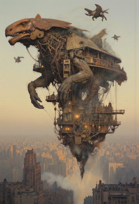 Art by Thomas Haller Buchanan  A floating sky city built entirely on the backs of gigantic airborne automaton creatures. The cityâs walkways are suspended between the creatures' wings and bodies, creating a surreal blend of organic movement and industrial design. The skyline is filled with softly glowing lanterns, and people ride smaller, personal flying robots between levels. The painting has a dreamy, impressionistic quality, capturing the wonder of a world where nature never needed to separate from mechanics.
