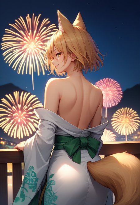 score_9, score_8_up, score_7_up, source_anime, from behind, solo, 1girl, kudamaki tsukasa, smile, looking back, animal ears, yellow eyes, white kimono, off shoulder, green sash, fox tail, bare shoulders, fireworks <lora:touhou_kudamaki_ponyXL:1>